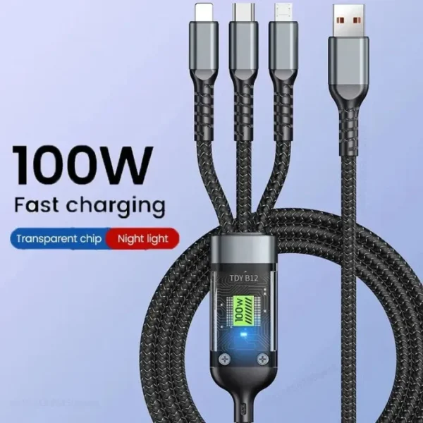 100W 3-in-1 Super Fast Charging Cable – Universal Charger with Type C, Micro USB & Lightning Connectors
