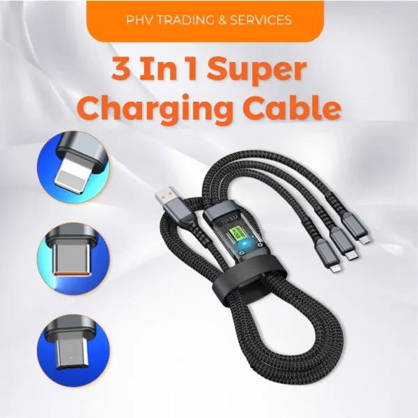 100W 3-in-1 Super Fast Charging Cable – Universal Charger with Type C, Micro USB & Lightning Connectors