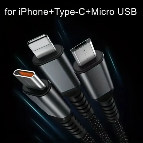 100W 3-in-1 Super Fast Charging Cable – Universal Charger with Type C, Micro USB & Lightning Connectors